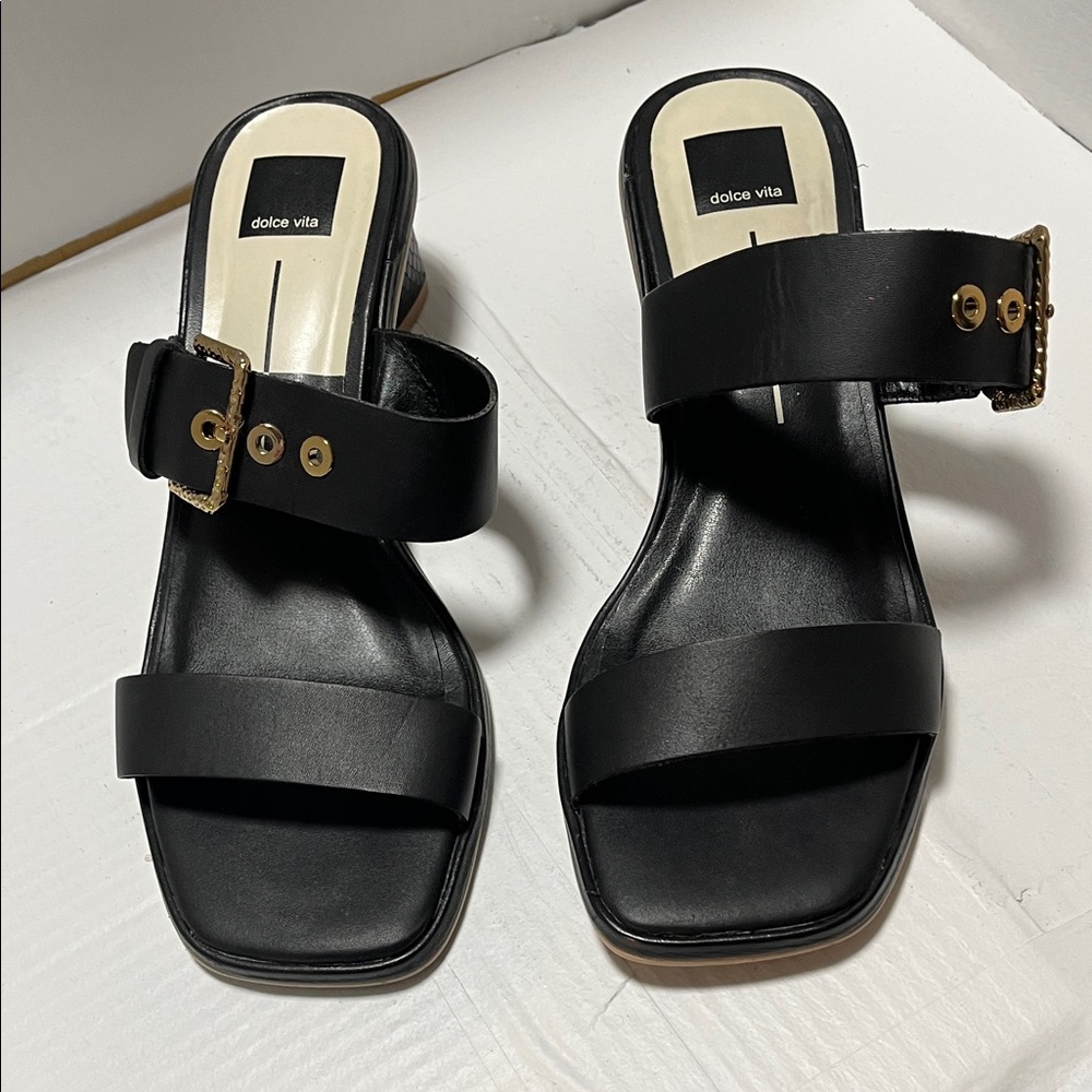 Dolce Vita Black Leather Sandals with Gold Buckle
